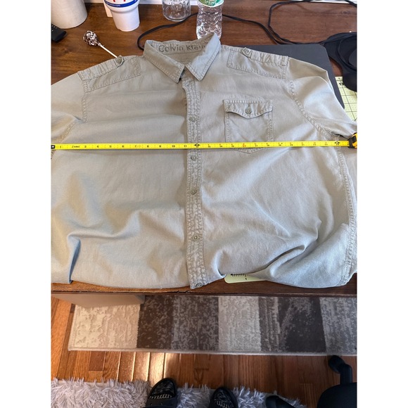 Calvin Klein Mens XXL Olive Green Waffle Weave Military Epaulette Button Down - Picture 7 of 7